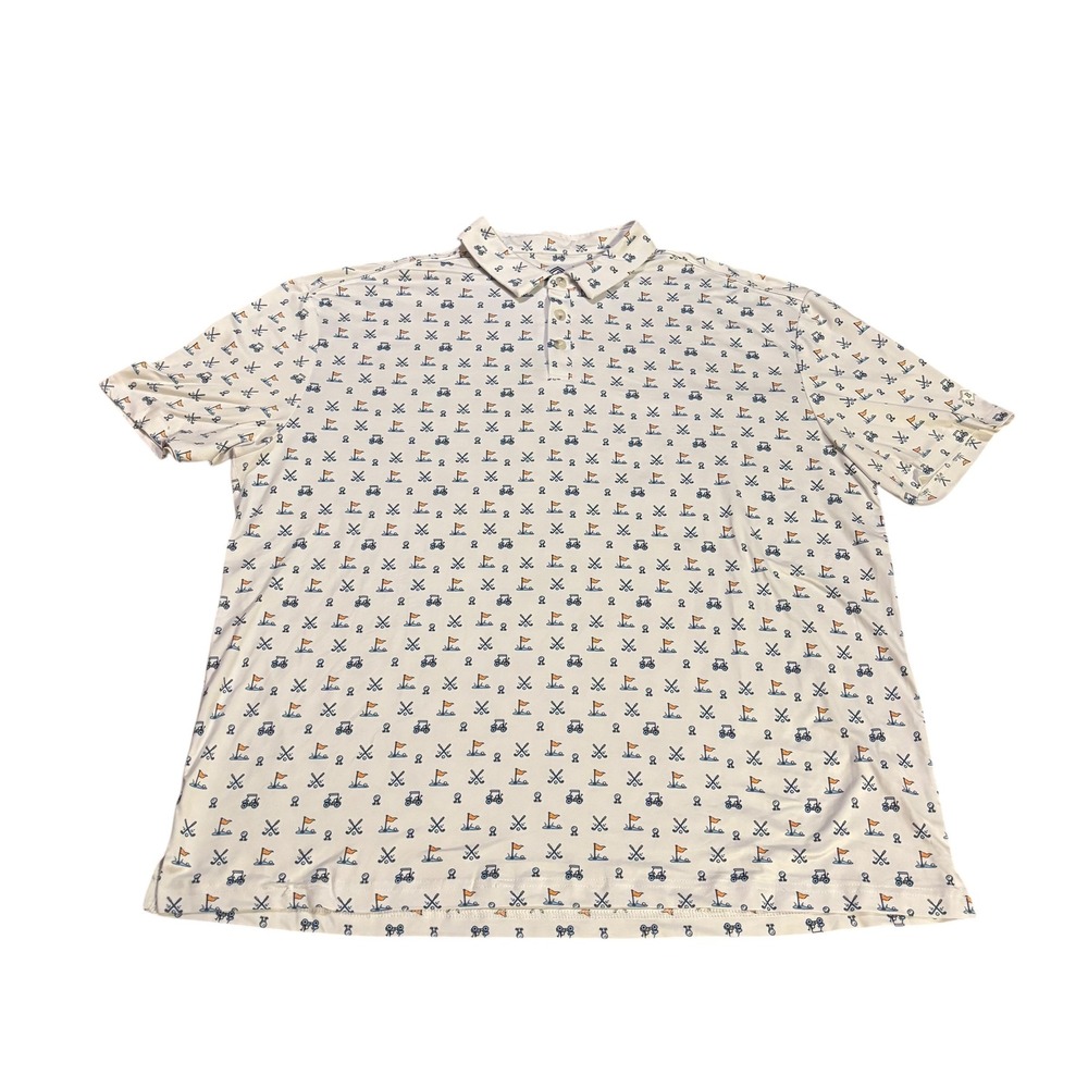 Burlebo Mens 2XL Golf Cart‎ Novelty Print Performance Polo Shirt White Blue